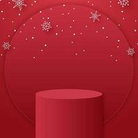Red cylinder podium with circular shape for product background and snowflakes and snow falling, template mockup for Christmas event vector