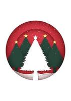 Merry Christmas Card with snowflakes and snowfall on christmas trees in circular frame vector