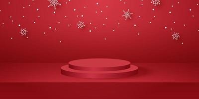 Red round podium with empty studio room for product background and snowfall, template mockup for Christmas day vector