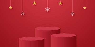 Red cylinder podium with snowflakes and star hanging and template mock up for Christmas event vector