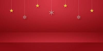 Red empty studio room for product background with snowflake and star hanging, template mockup for Christmas day vector