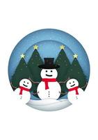 Merry Christmas Card with snowfall on Christmas trees and snowman in circular frame vector