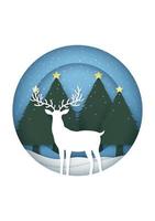 Tarjeta de feliz navidad con nevadas en árboles de navidad y renos en marco circular vector