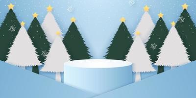 Cyan cylinder podium with snowflakes and snowfall on trees for template mockup for Christmas concept vector