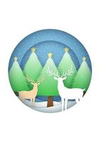 Merry Christmas Card with winter landscape and snowfall on christmas trees and reindeer in circular frame vector