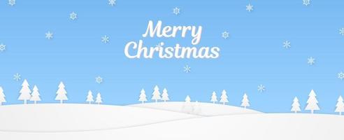 Merry Christmas, winter landscape with trees on hill and snowflake falling in paper art style vector