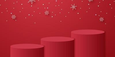 Red cylinder podium with snowflakes falling and template mockup for Christmas event vector