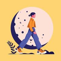 Girl Walking On Isolated Moon Background. Flat Vector Illustration