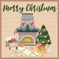 Cozy Christmas living room with Christmas tree, fireplace and Scandinavian style armchair postcard or poster with inscription. New Year's decorations, garlands, gifts.Vector illustration in flat style vector