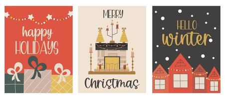 Set of Christmas cards with gifts, fireplace and winter houses lettering hello winter, merry christmas, happy holidays.Scandinavian flat style. Vector illustration