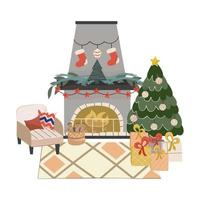 Isolated Scandinavian Christmas interior with fireplace and Christmas tree.Cozy armchair and gifts. Decorated fireplace with socks, garland. Vector illustration.