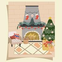 acogedora sala de estar navideña con árbol de navidad, chimenea y sillón de estilo escandinavo en una postal o póster. decoraciones de año nuevo, guirnaldas, calcetines y regalos.Ilustración de vector de estilo plano.