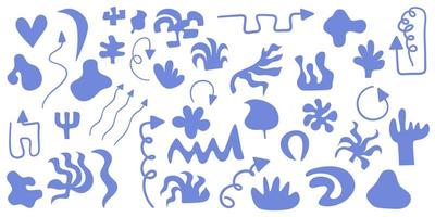 Set of abstract hand drawn objects and elements on a white background.Various arrows and tropical, abstract shapes for decoration. Vector illustration in a flat style