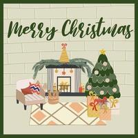 Cozy Christmas living room with Christmas tree, fireplace and Scandinavian style armchair postcard or poster with inscription. New Year's decorations, garlands, gifts.Vector illustration in flat style vector
