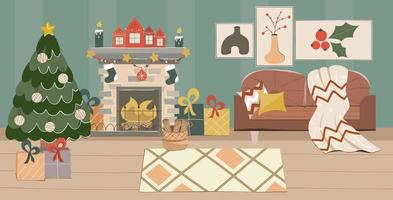 Cozy Christmas living room with Christmas tree, fireplace and Scandinavian style sofa. New Year decorations, garlands, socks and gifts in the room. Vector illustration in a flat hand drawn style.