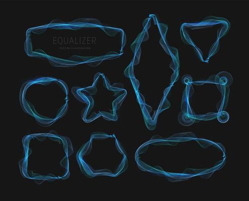 Blue waves frames on black background. Set of sound vibrations borders, abstract soundwaves geometric shapes. Vector illustration.