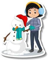 Girl building a snowman cartoon sticker vector