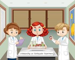 Withstanding earthquake experiment with scientist kids cartoon character vector