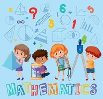 Niños sosteniendo objetos matemáticos con antecedentes matemáticos vector