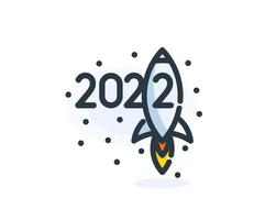 Icono de cohete 2022, diseño de números de dibujos animados de números de feliz año nuevo para la celebración y decoración de la marca de vacaciones, banner de año nuevo, portada del calendario 2022, tarjeta de felicitación. ilustración vectorial. vector