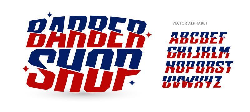 Barber letters set. Blue and red color italic style vector latin alphabet. Cut in half Font for tattoo salon, barbershop, usa independence event, circus promo. Typography design.