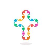 Christian symbol, colorful connection people cross icon. Church logo template. Isolated vector illustration.