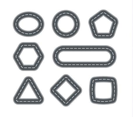 Road icons for cars in the form of geometric shapes map element. Set of closed line of car tracks. Isolated vector illustration. Top view graphic elements for toy design.