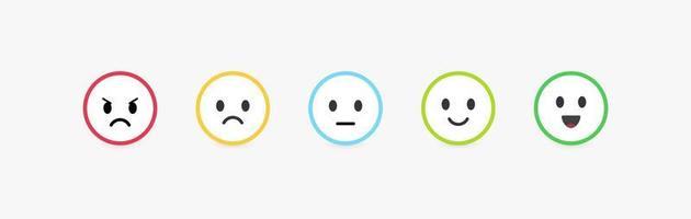 Set of vector emoticons with different emotions. Feedback scale, customer review and assessment of goods or services quality. Round emoji with bright colorful contour, vector flat illustration.