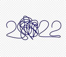 Happy New Year 2022 pen line design, chaotic doodle marker christmas cover, curved brush scribble new year numbers, thread knot numbers for greeting card. Vector illustration