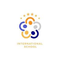 escuela internacional, concepto de logotipo de vector plano de comunidad social. grupo humano, persona junto icono aislado. equipo, amistad, asociación, apoyo emblema abstracto para negocios y educación