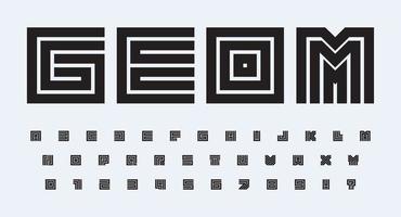 Alfabeto geométrico cuadrado, letras cuadradas de contornos en negrita y conjunto de números. líneas de carretera y laberinto estilización diseño tipográfico vectorial. tipografía mínima para titulares y logotipos de revistas inusuales y modernas vector