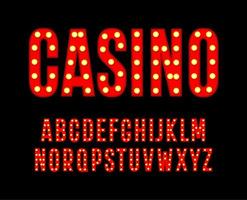 Red letters with light bulbs. Tall and narrow alphabet. Font for cinema casino poster, carnival and festival decoration, gambling night club logos. Vector typography design