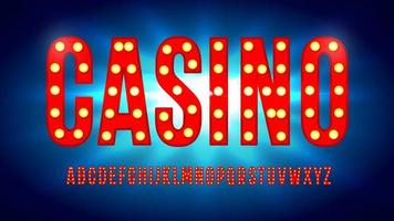 Illuminated Broadway vector font, monumental narrow alphabet for nightlife advertising and poster. Bold red letters with lamp on blue rays background for entertaiment, casino, circus,cinema, gambling.