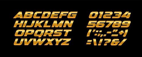 Conjunto de números y letras en negrita premium. textura dorada, color amarillo y naranja, alfabeto latino de vector de estilo de metal dorado. diseño de tipografía.