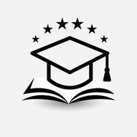 Education vector logo. Open book, dictionary, textbook or notebook with graduation hat icon. Modern emblem idea, concept design for business, libraries, schools, universities, educational courses.