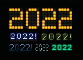 Happy New Year 2022 text led light design set. 20 22 glowing numbers on digital screen electric display scoreboard for xmas holidays branding, new year banner, hud, 2022 calendar cover, greeting card vector