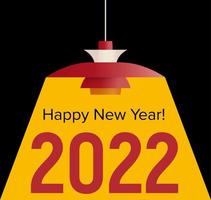 Feliz año nuevo 2022 texto iluminado por la luz amarilla de la lámpara sueca. celebración y decoración de temporada para la marca de las vacaciones de Navidad, banner de año nuevo, portada del calendario 2022, tarjeta de felicitación y póster vector