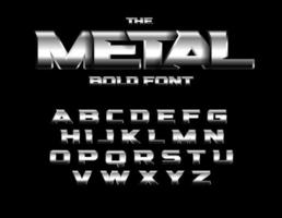 Brutal metallic style font. Set of metal bold letters with chrome and steel effect. Vector alphabet design.