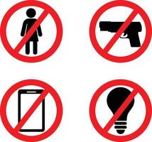 No Light Bulb,  No Smart Phone, No Gun or Pistol, Only Staff Allowed Restriction Sign Icon Set. vector