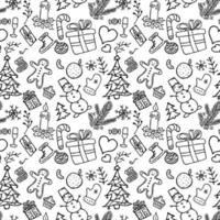 Seamless new year pattern. Vector background with doodle new year and christmas icons. Illustration with gift box, snowman, christmas tree, sweets, hat, orange isolated on white background
