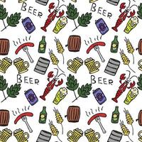 Seamless doodle pattern with beer, lobsters and sausages. vector black and white illustration with beer theme icons