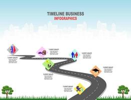 Vector template Infographic Timeline of human life with flags and placeholders on curved roads. Symbols, steps for successful business planning Suitable for advertising and presentations.