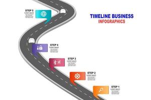 vector plantilla infografía línea de tiempo de operaciones comerciales con banderas y marcadores de posición en carreteras con curvas. símbolos, pasos para una planificación empresarial exitosa adecuados para publicidad y presentaciones