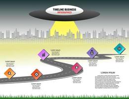 Vector template infographic Timeline of business operations with flags and placeholders on curved roads. Symbols, steps for successful business planning Suitable for advertising and presentations