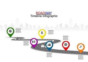 vector plantilla infografía línea de tiempo de operaciones comerciales con banderas y marcadores de posición en carreteras con curvas. símbolos, pasos para una planificación empresarial exitosa adecuados para publicidad y presentaciones