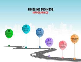 Vector template infographic Timeline of business operations with flags and placeholders on curved roads. Symbols, steps for successful business planning Suitable for advertising and presentations