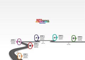 vector plantilla infografía línea de tiempo de operaciones comerciales con banderas y marcadores de posición en carreteras con curvas. símbolos, pasos para una planificación empresarial exitosa adecuados para publicidad y presentaciones