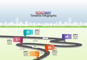 Vector template infographic Timeline of business operations with flags and placeholders on curved roads. Symbols, steps for successful business planning Suitable for advertising and presentations