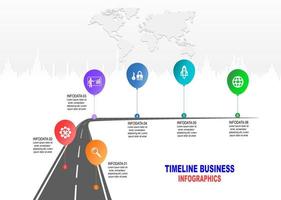 Vector template infographic Timeline of business operations with flags and placeholders on curved roads. Symbols, steps for successful business planning Suitable for advertising and presentations