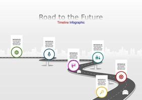 Vector template infographic Timeline of business operations with flags and placeholders on curved roads. Symbols, steps for successful business planning Suitable for advertising and presentations